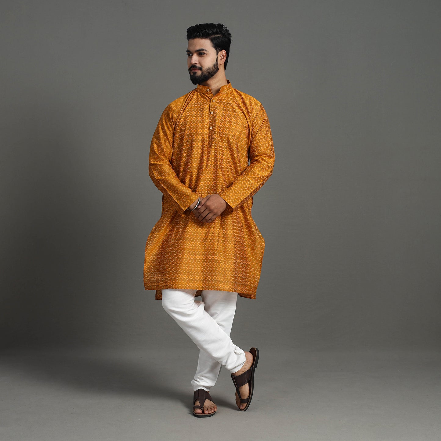 Yellow - Silk Cotton Handwoven Pochampally Ikat Kurta for Men 06