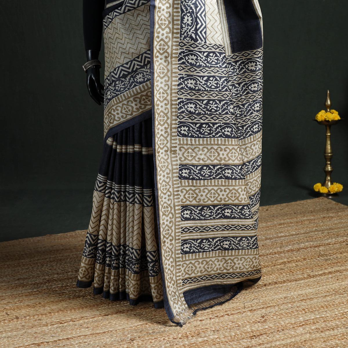 Pure Handloom Tussar Silk Saree in Bengal Hand Block Prints 04
