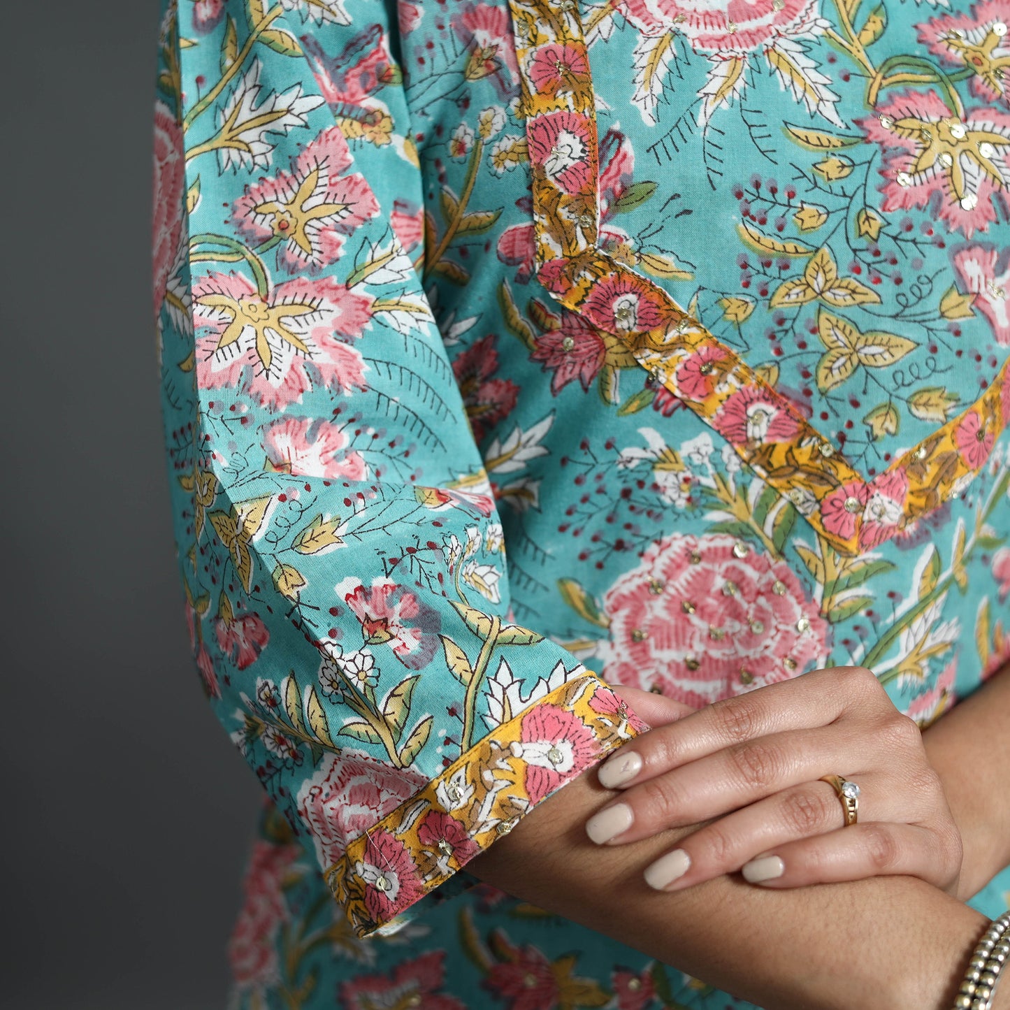 Blue - Sequins Work Cotton Straight Sanganeri Print Kurta 07