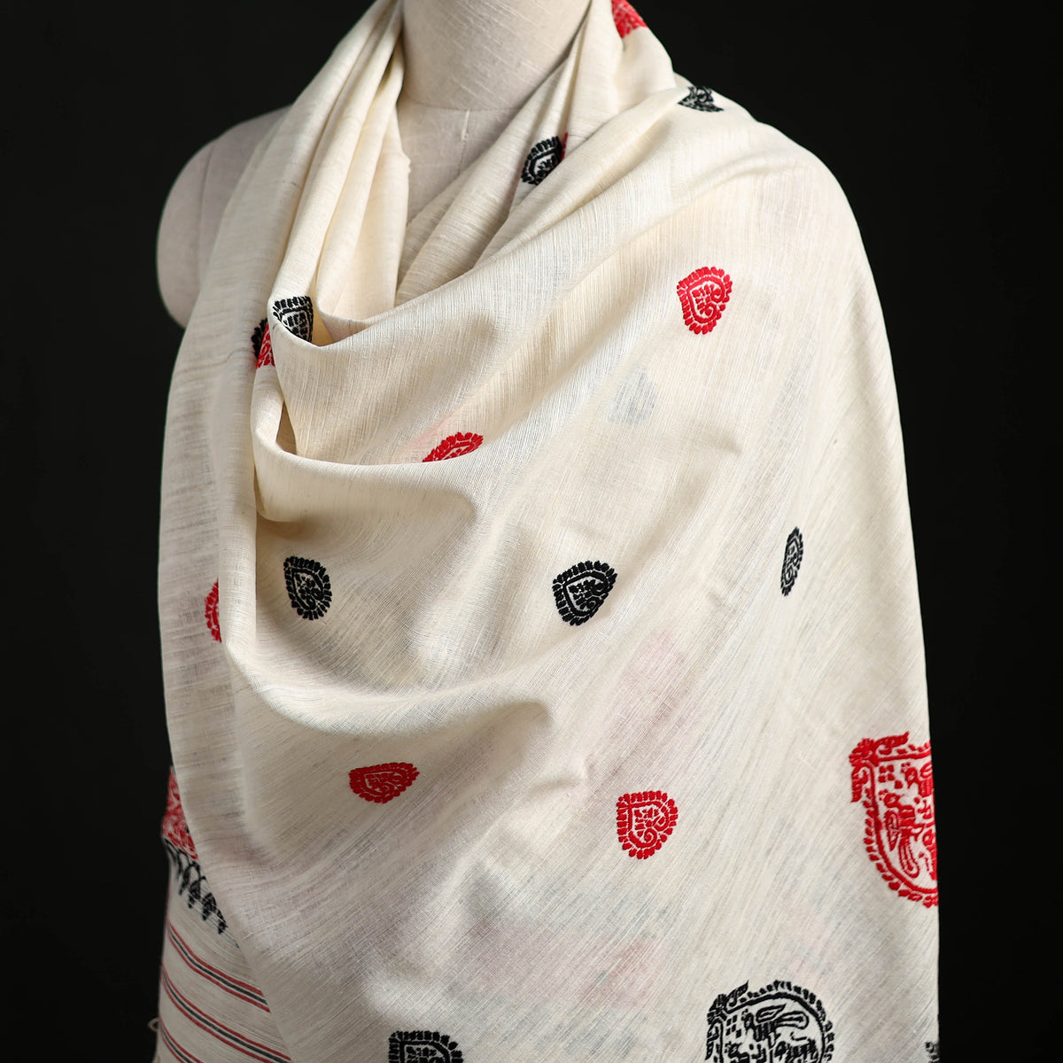 White - Handspun Handwoven Pure Eri Silk Aari Hand Embroidered Shawl of Assam 08