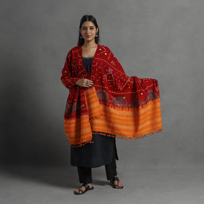 Handwoven Merino Wool Bandhani Shawl w/ Neran Embroidery 41