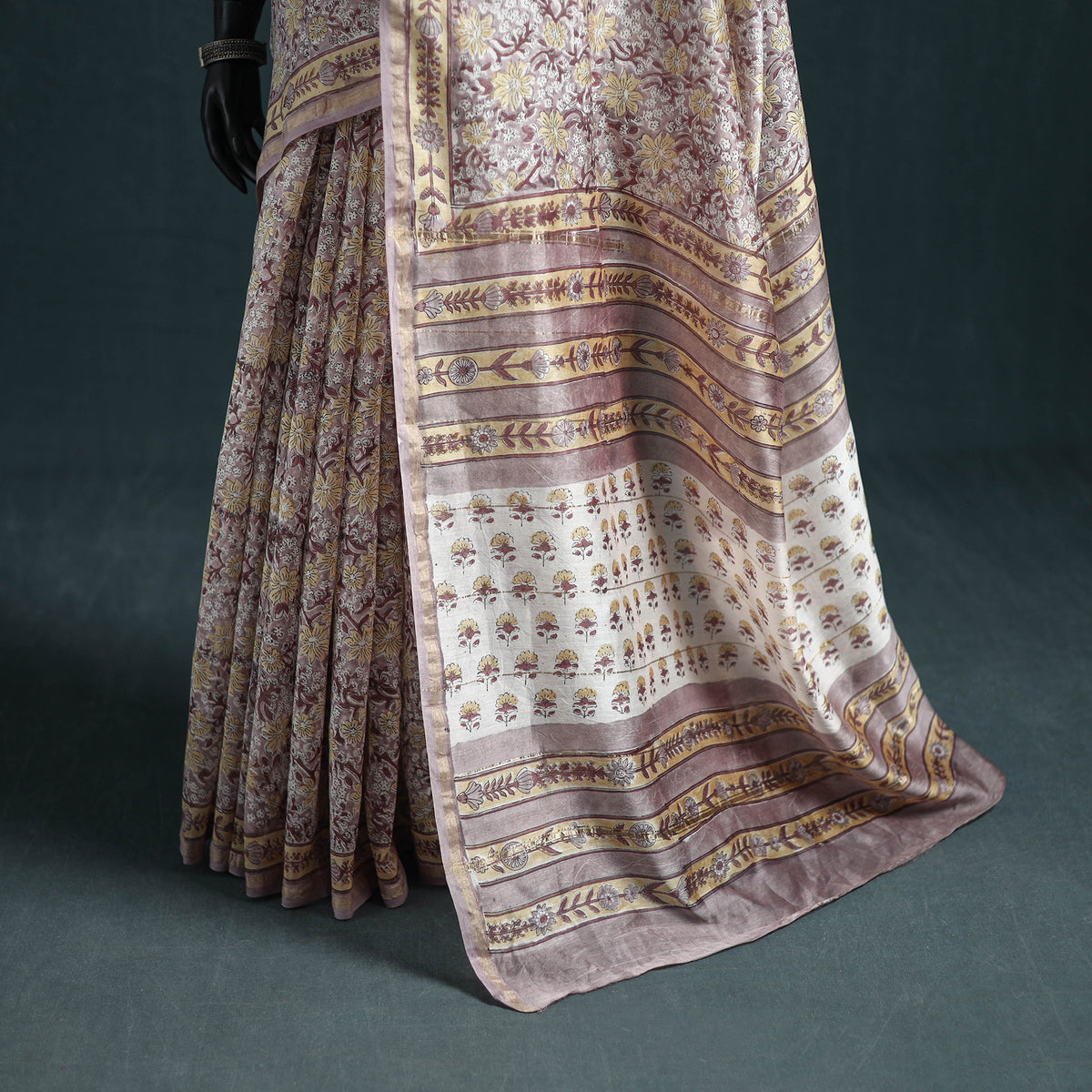 Floral Hand Block Print Mulberry Silk Sanganeri Saree 11