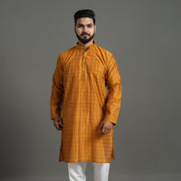 Yellow - Silk Cotton Handwoven Pochampally Ikat Kurta for Men 06