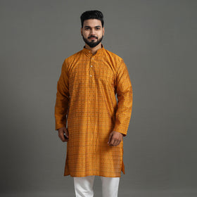 Yellow Silk Cotton Handwoven Pochampally Ikat Kurta for Men