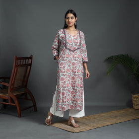 Buy Pink Sequins Work Cotton Straight Sanganeri Print Kurta