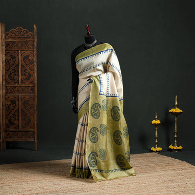 Pure Handloom Tussar Silk Saree in Bengal Hand Block Prints 03