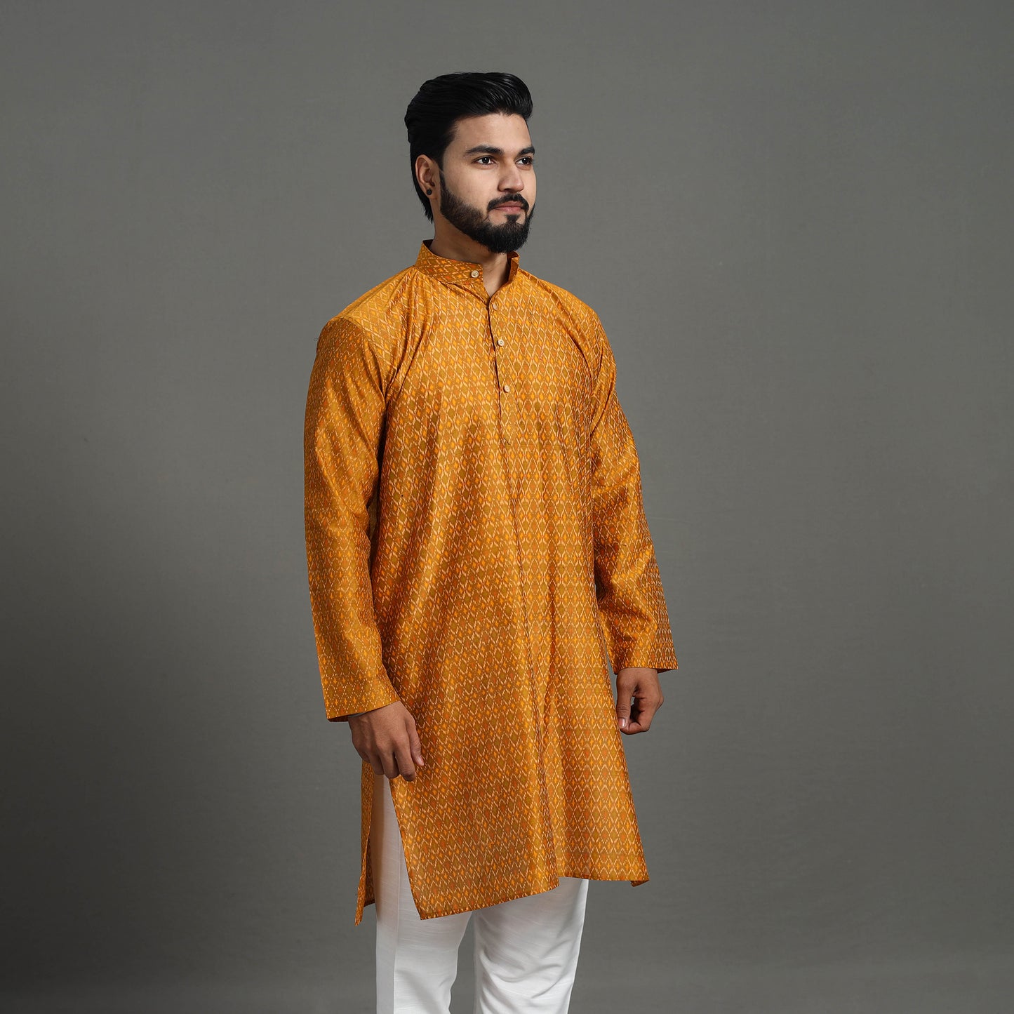 Yellow - Silk Cotton Handwoven Pochampally Ikat Kurta for Men 06