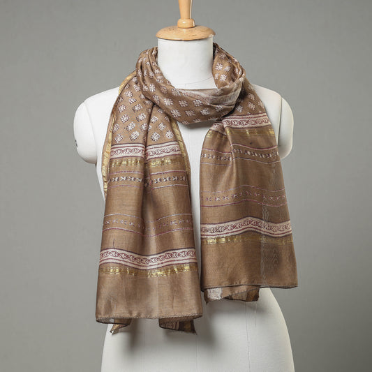 Brown - Akola Block Printed Chanderi Silk Stole with Zari Border