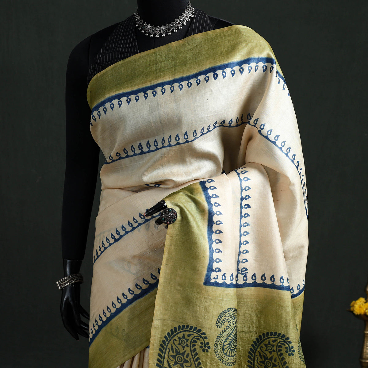 Pure Handloom Tussar Silk Saree in Bengal Hand Block Prints 03