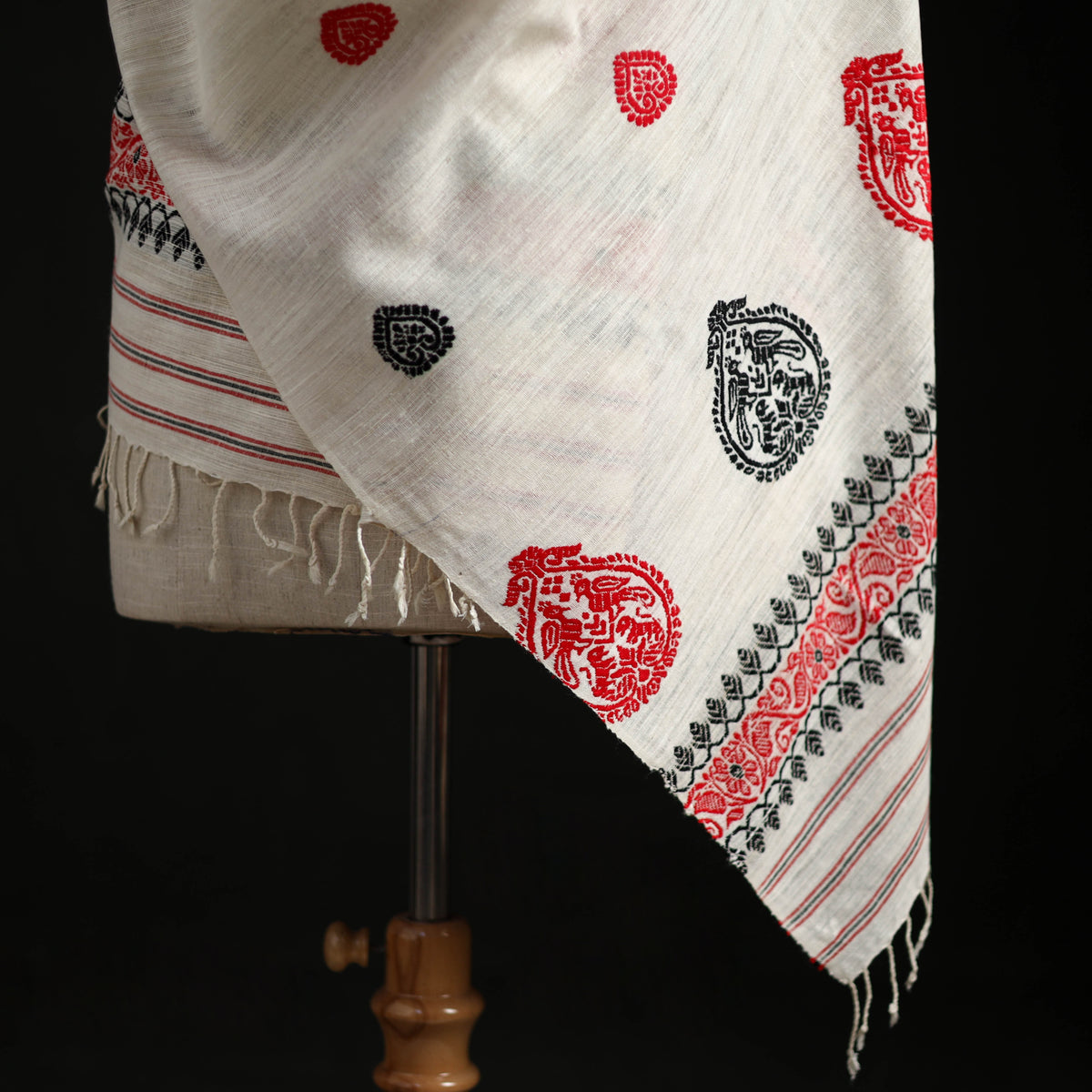 White - Handspun Handwoven Pure Eri Silk Aari Hand Embroidered Shawl of Assam 08