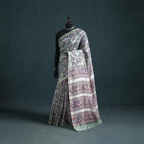 Floral Hand Block Print Mulberry Silk Sanganeri Saree 12