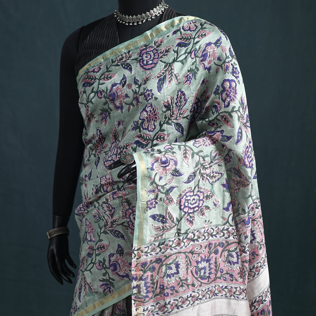 Floral Hand Block Print Mulberry Silk Sanganeri Saree 12
