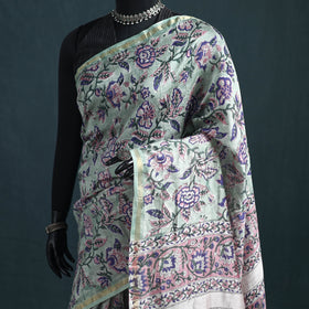 Floral Hand Block Print Mulberry Silk Sanganeri Saree 12