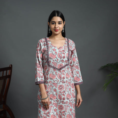 Sequins Work Cotton Straight Sanganeri Print Kurta 06