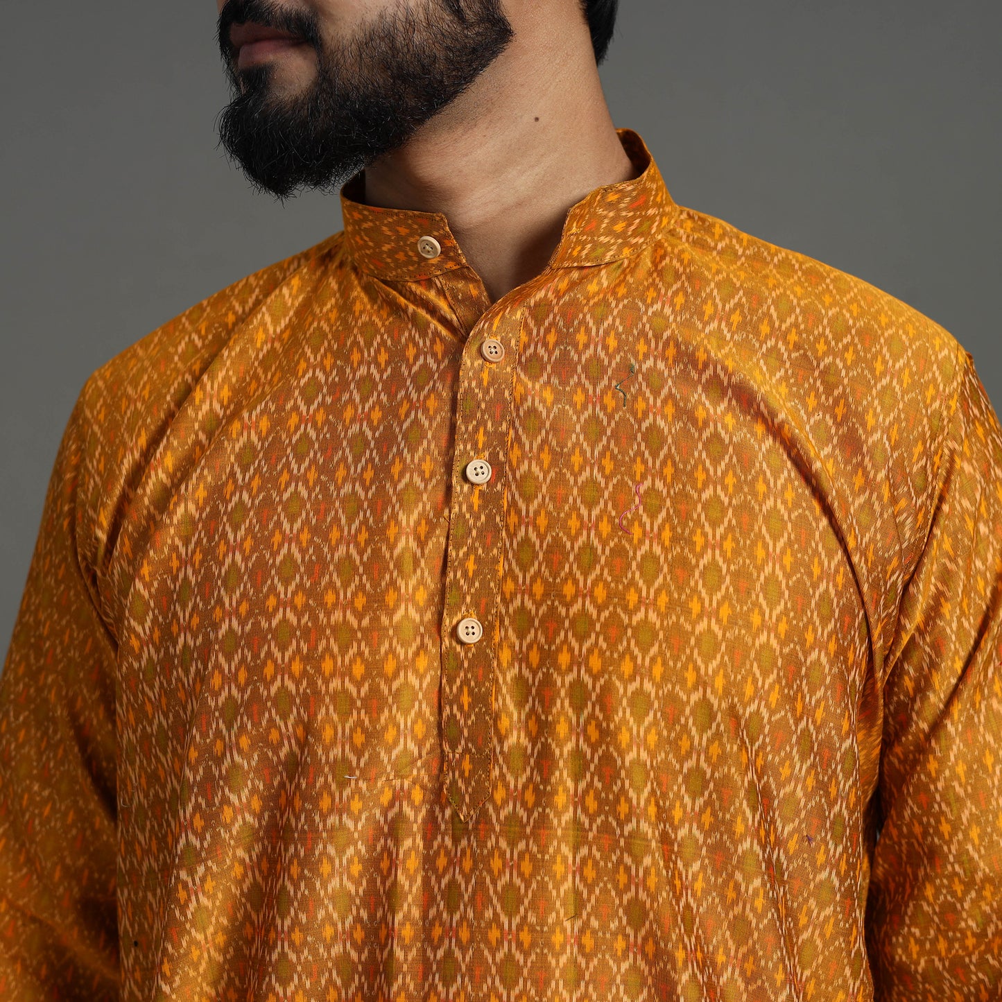 Yellow - Silk Cotton Handwoven Pochampally Ikat Kurta for Men 06