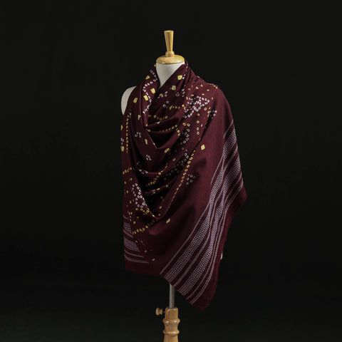 Brown - Kutch Handwoven Bandhani Tie-Dye Merino Wool Shawl 38