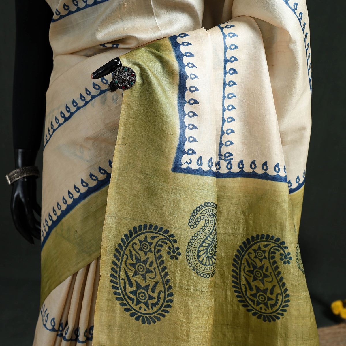 Pure Handloom Tussar Silk Saree in Bengal Hand Block Prints 03