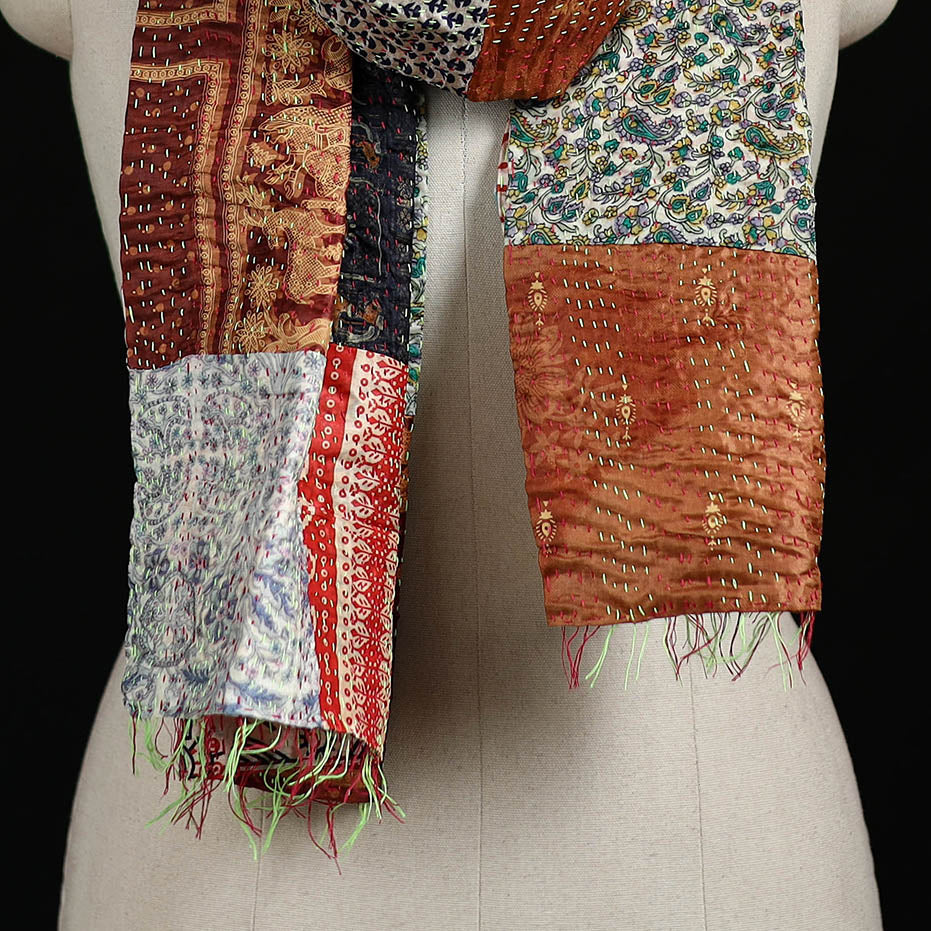 Bengal Kantha Handwork Patchwork Reversible Silk Stole 338