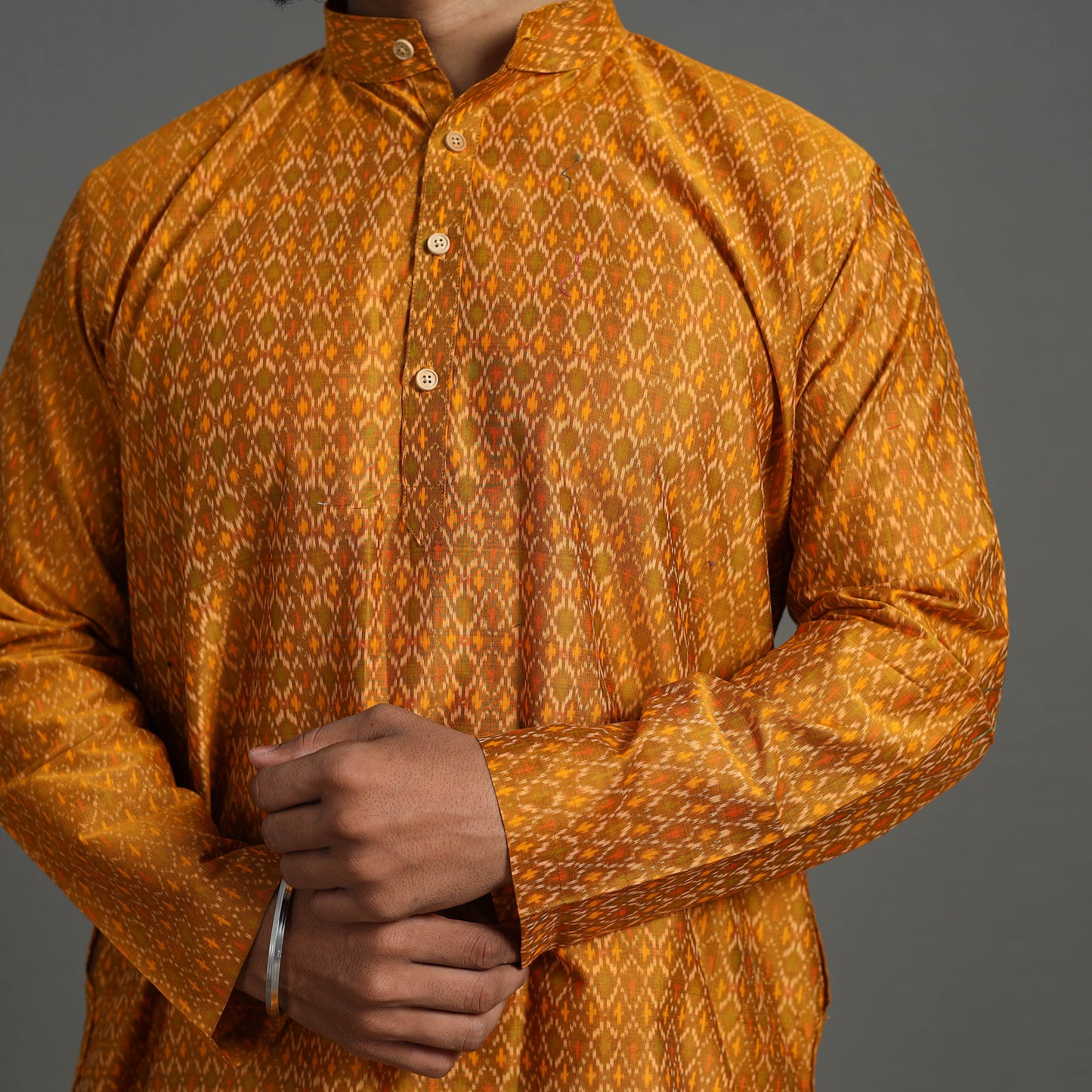 Yellow - Silk Cotton Handwoven Pochampally Ikat Kurta for Men 06