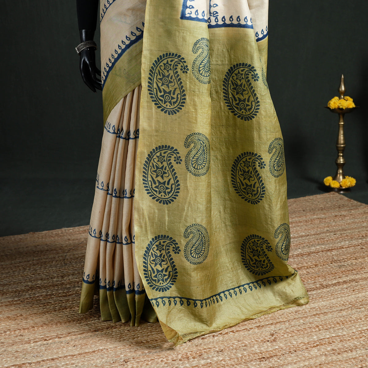 Pure Handloom Tussar Silk Saree in Bengal Hand Block Prints 03