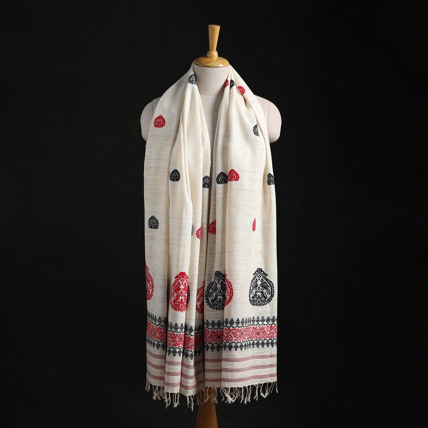 White - Handspun Handwoven Pure Eri Silk Aari Hand Embroidered Shawl of Assam 08