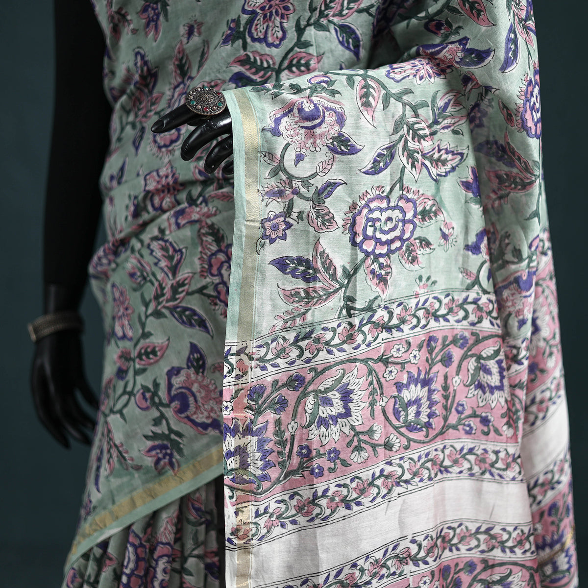 Floral Hand Block Print Mulberry Silk Sanganeri Saree 12
