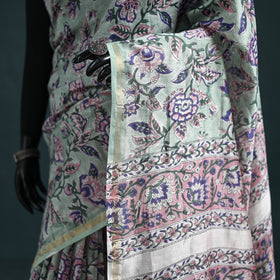Floral Hand Block Print Mulberry Silk Sanganeri Saree 12