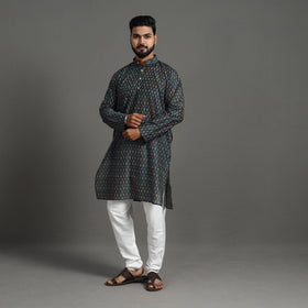 Black Silk Cotton Handwoven Pochampally Ikat Kurta for Men
