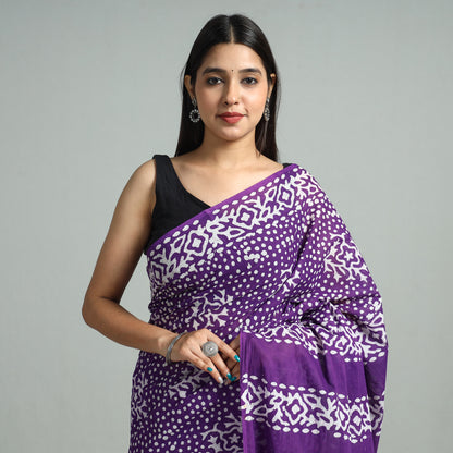 Purple - Hand Batik Printed Cotton Saree with Blouse Piece 61