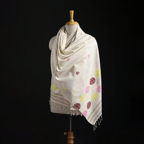 White - Handspun Handwoven Pure Eri Silk Aari Hand Embroidered Shawl of Assam 09