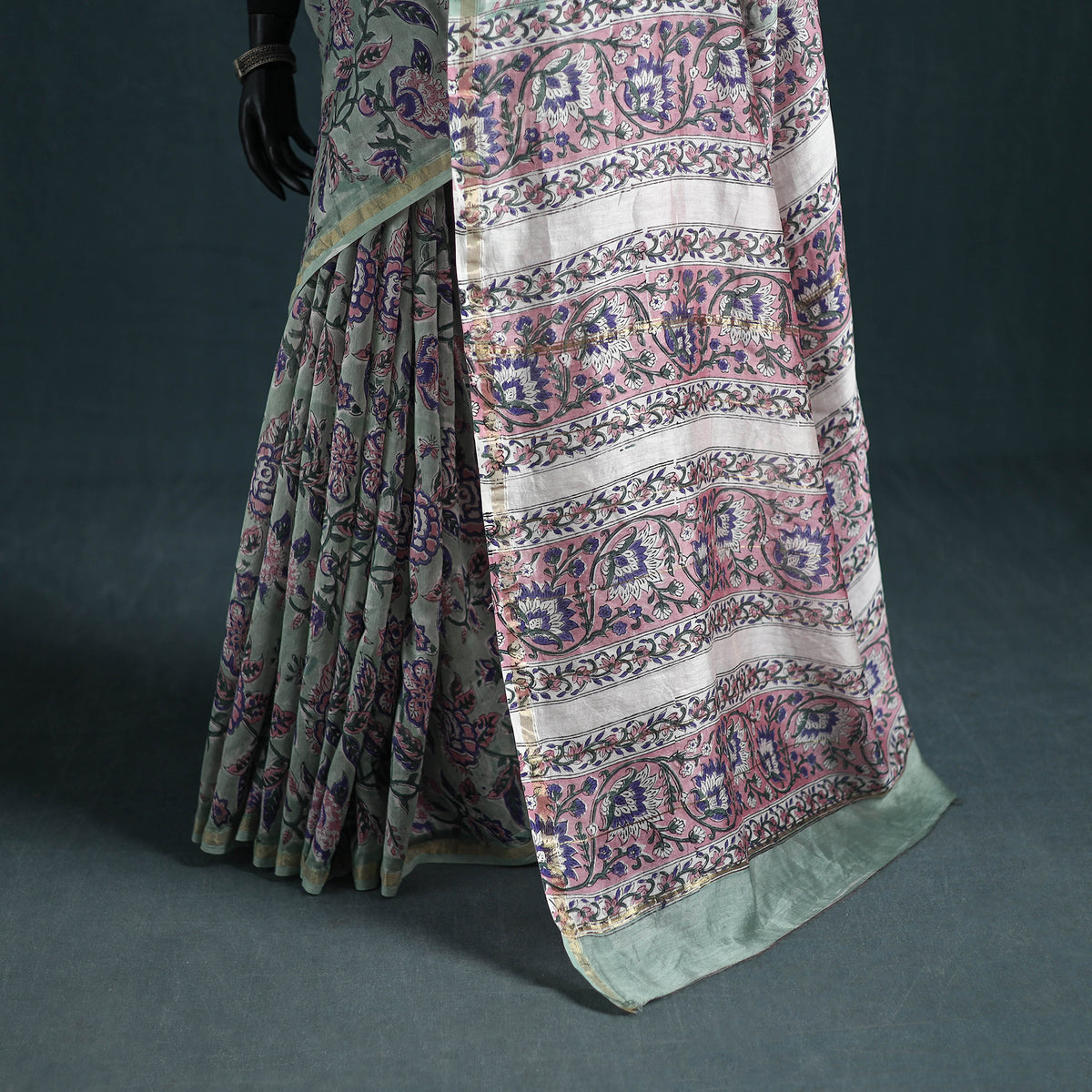 Floral Hand Block Print Mulberry Silk Sanganeri Saree 12