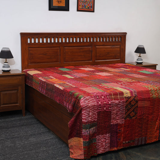 Red - Tagai Work Jaipur Hand Block Printed Cotton Double Bed Cover (108 x 90 in) 103