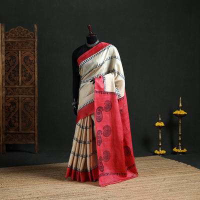 Pure Handloom Tussar Silk Saree in Bengal Hand Block Prints 02