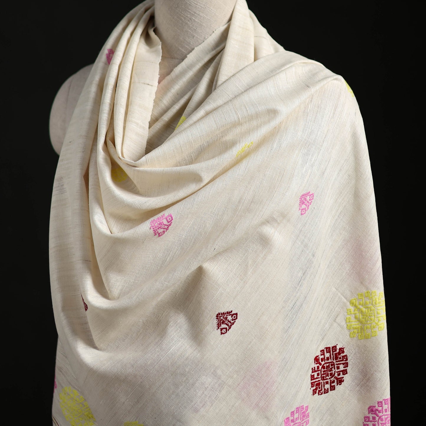 White - Handspun Handwoven Pure Eri Silk Aari Hand Embroidered Shawl of Assam 09