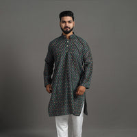 Black - Silk Cotton Handwoven Pochampally Ikat Kurta for Men 07