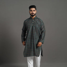 Black Silk Cotton Handwoven Pochampally Ikat Kurta for Men
