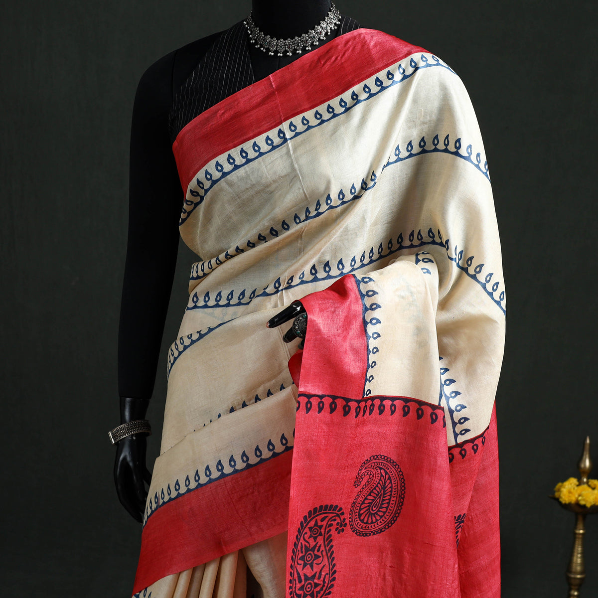 Pure Handloom Tussar Silk Saree in Bengal Hand Block Prints 02