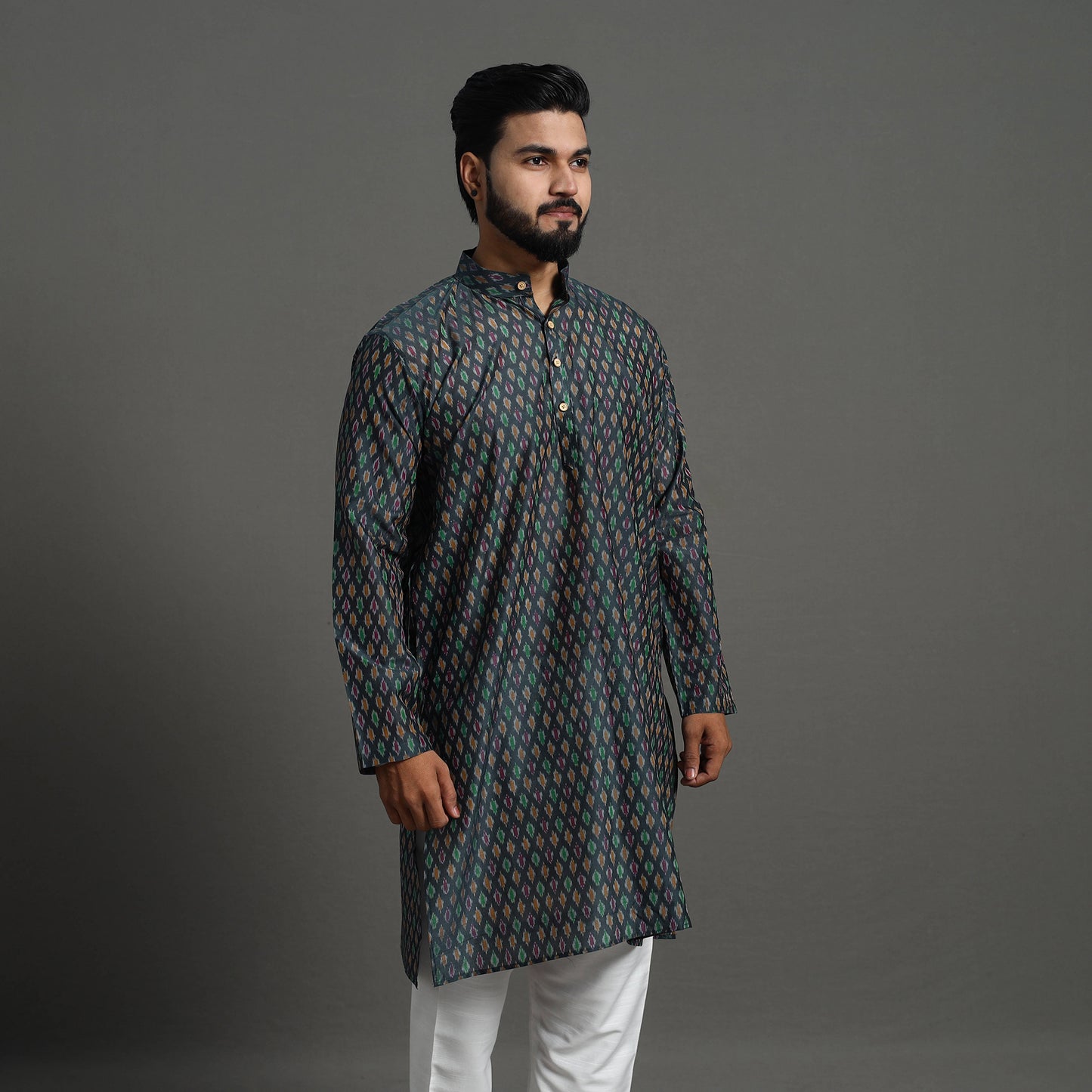 Black - Silk Cotton Handwoven Pochampally Ikat Kurta for Men 07