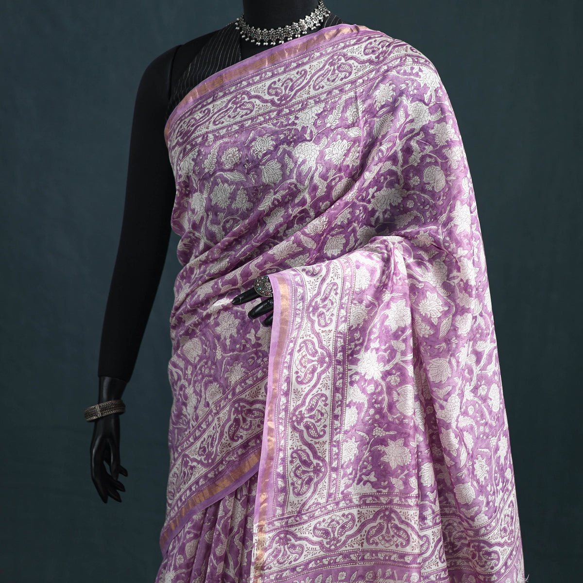 Floral Hand Block Print Mulberry Silk Sanganeri Saree 13