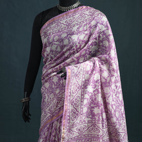 Floral Hand Block Print Mulberry Silk Sanganeri Saree 13