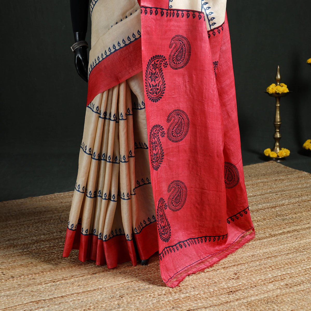 Pure Handloom Tussar Silk Saree in Bengal Hand Block Prints 02