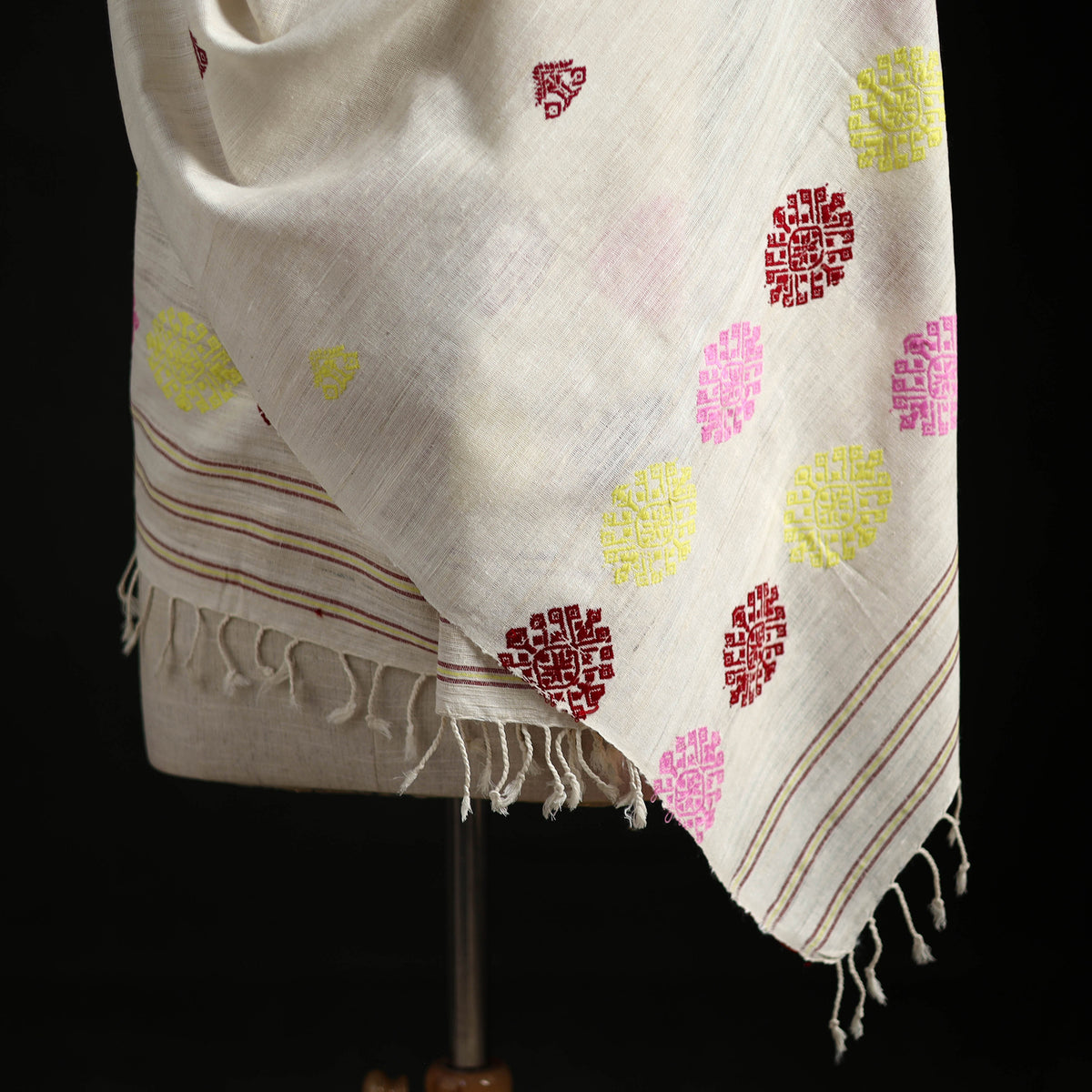 White - Handspun Handwoven Pure Eri Silk Aari Hand Embroidered Shawl of Assam 09