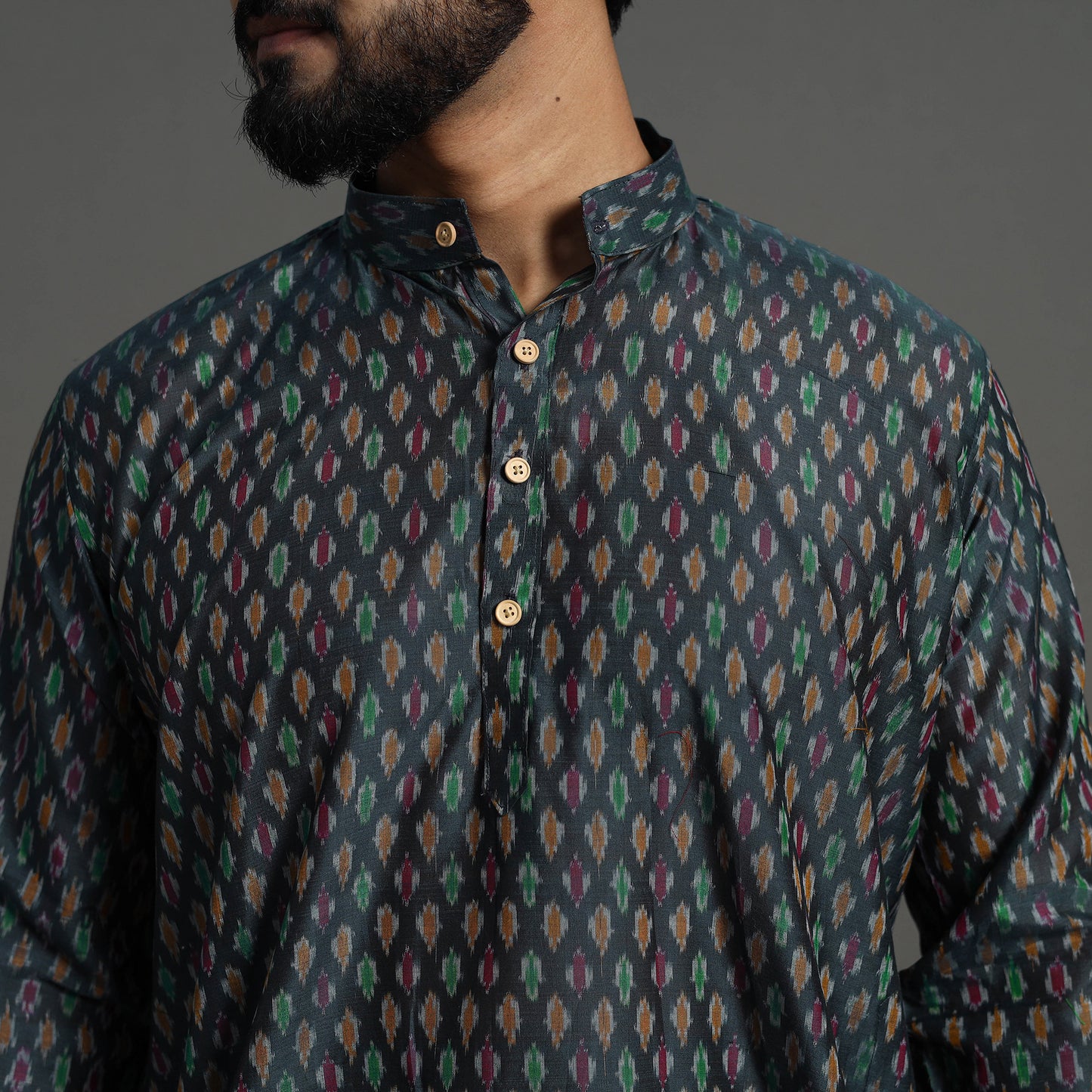 Black - Silk Cotton Handwoven Pochampally Ikat Kurta for Men 07