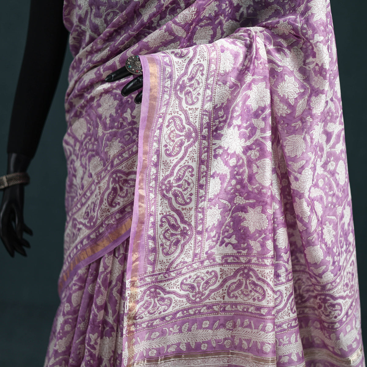 Floral Hand Block Print Mulberry Silk Sanganeri Saree 13