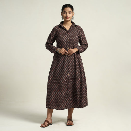 Dark Brown - Ajrakh Hand Block Printed Cotton Dress