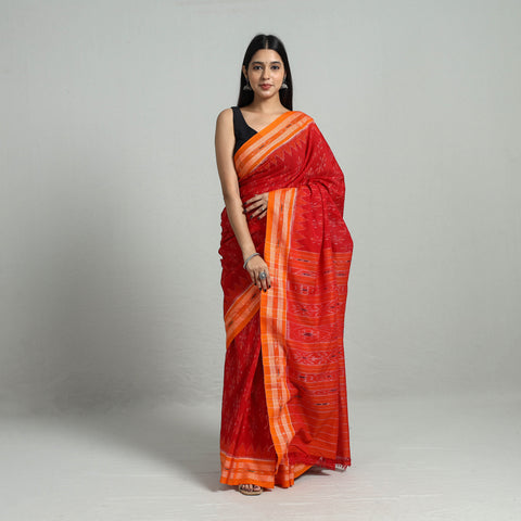 Orange - Ikat Weave Handloom Cotton Sambalpuri Saree 12