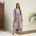 Buy Grey Block Print Cotton Flared Sanganeri Kurta Set