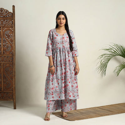 Buy Grey Block Print Cotton Flared Sanganeri Kurta Set