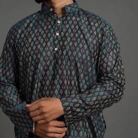 Black Silk Cotton Handwoven Pochampally Ikat Kurta for Men