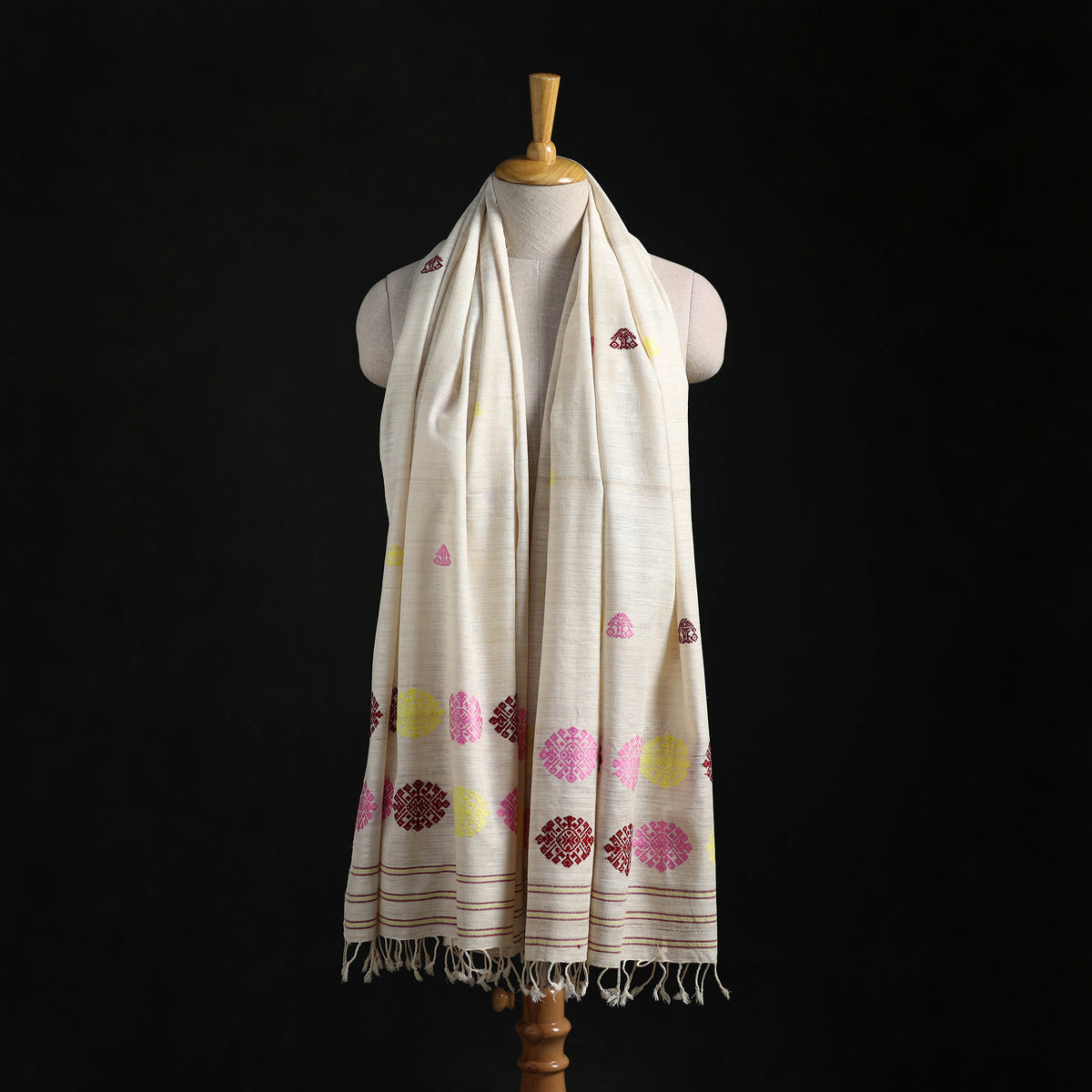White - Handspun Handwoven Pure Eri Silk Aari Hand Embroidered Shawl of Assam 09